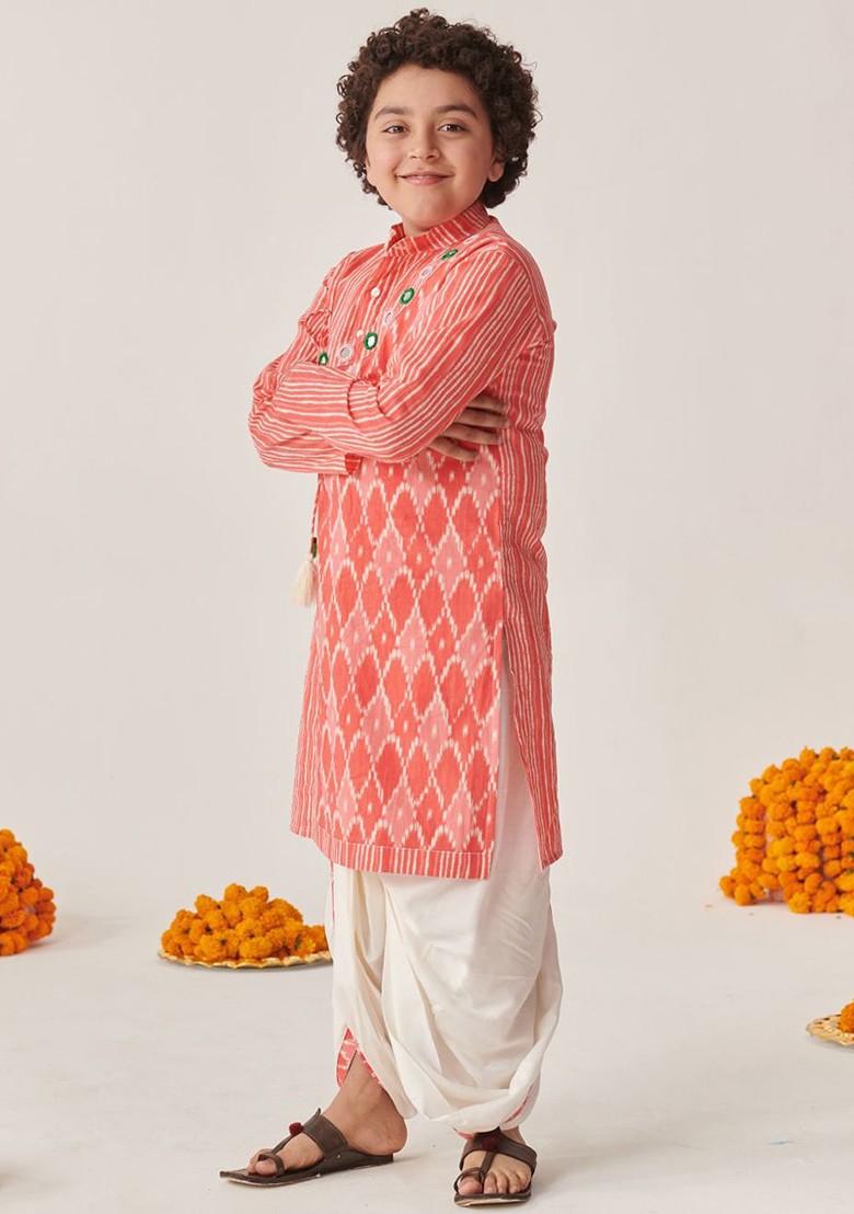 Peach Printed Poly Blend Kurta Set For Boy