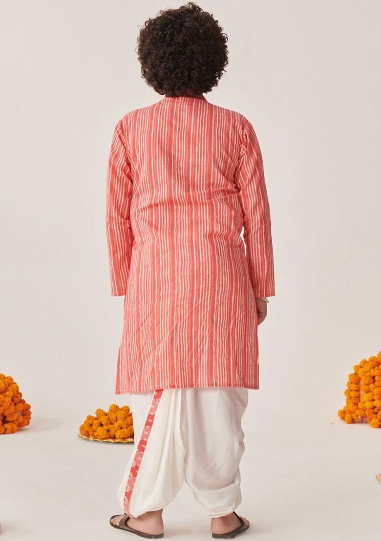 Peach Printed Poly Blend Kurta Set For Boy