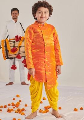Orange Embroidered Poly Blend Kurta Set For Boy
