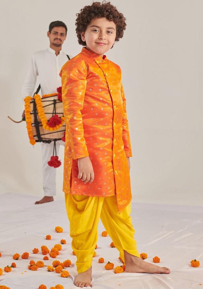 Orange Embroidered Poly Blend Kurta Set For Boy