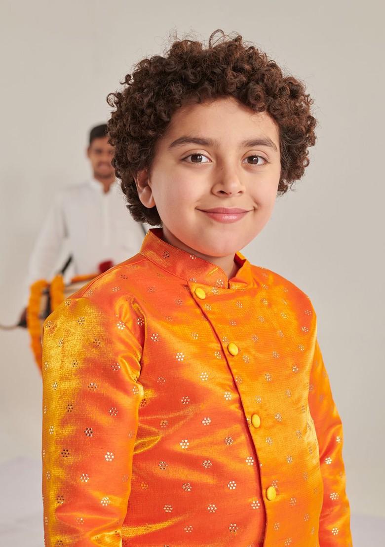 Orange Embroidered Poly Blend Kurta Set For Boy