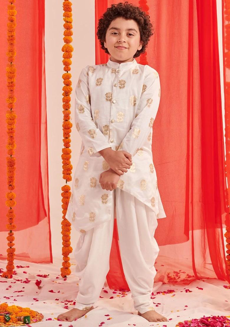 White Printed Poly Blend Kurta Set For Boy