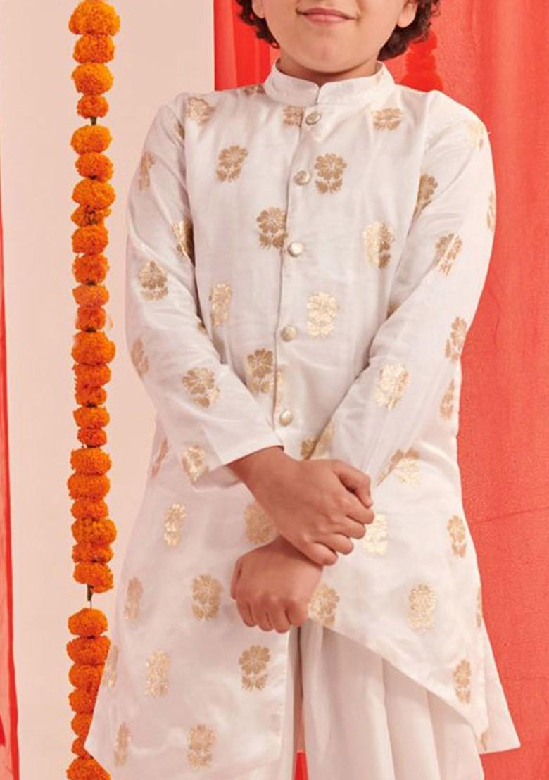 White Printed Poly Blend Kurta Set For Boy