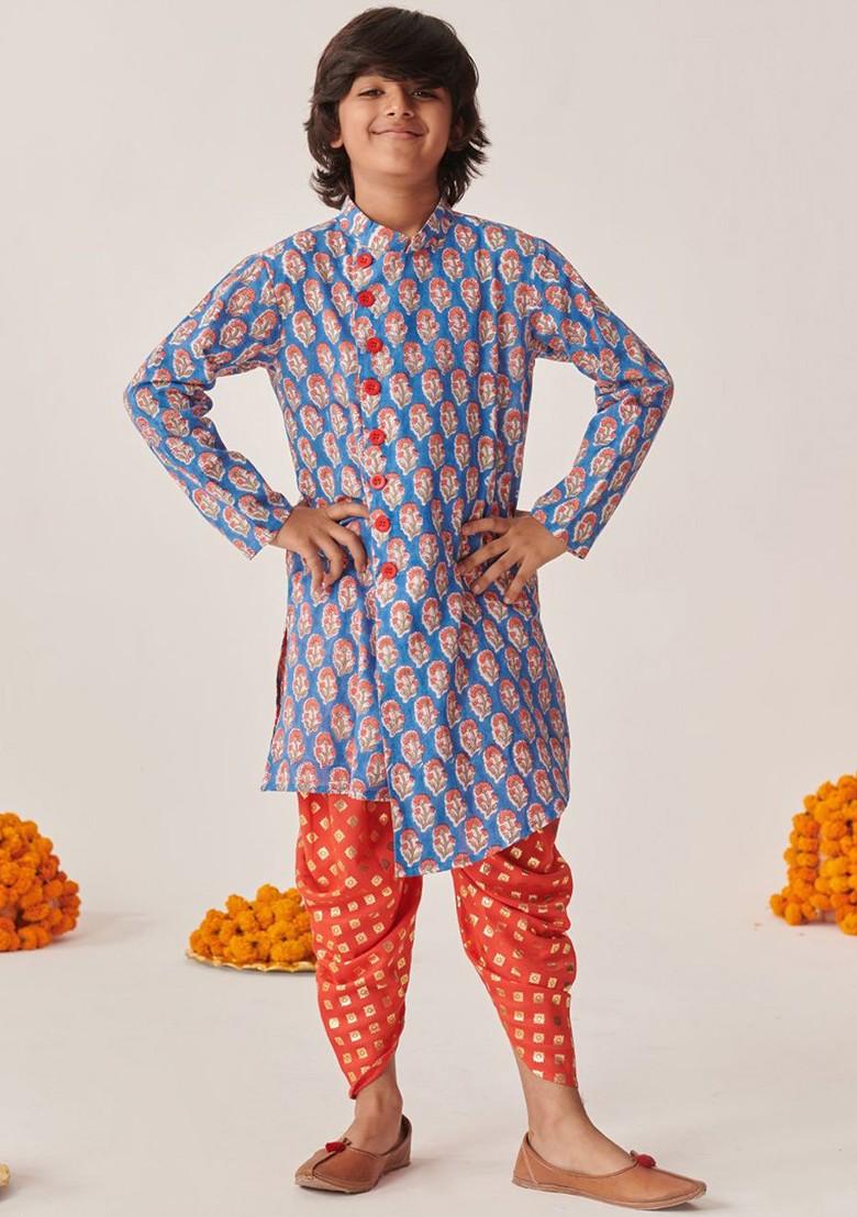 Orange Printed Poly Blend Kurta Set For Boy