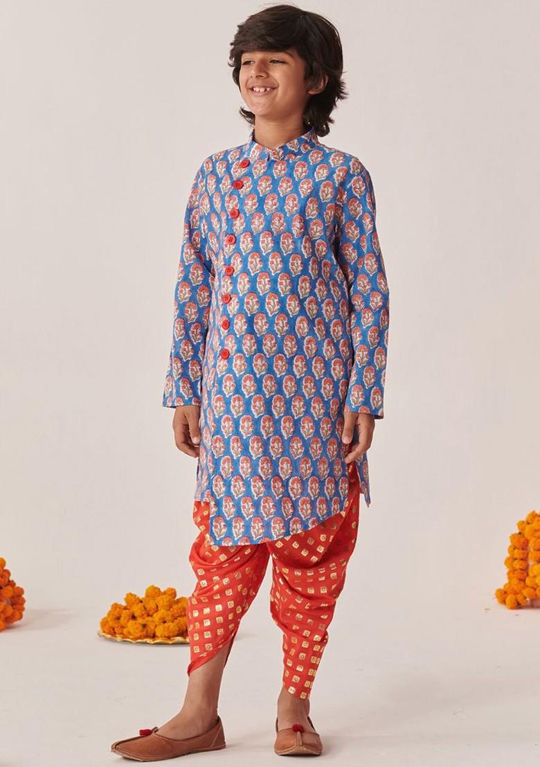 Orange Printed Poly Blend Kurta Set For Boy