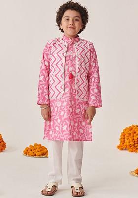 Pink Printed Poly Blend Kurta Set For Boy
