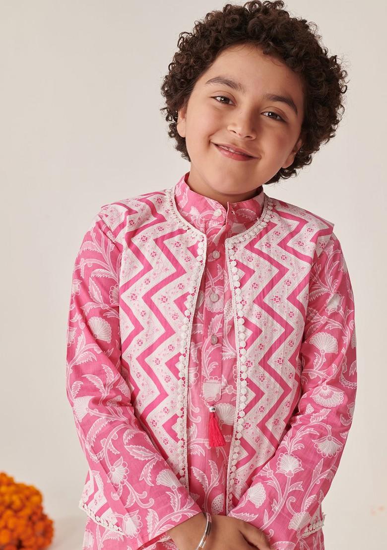 Pink Printed Poly Blend Kurta Set For Boy