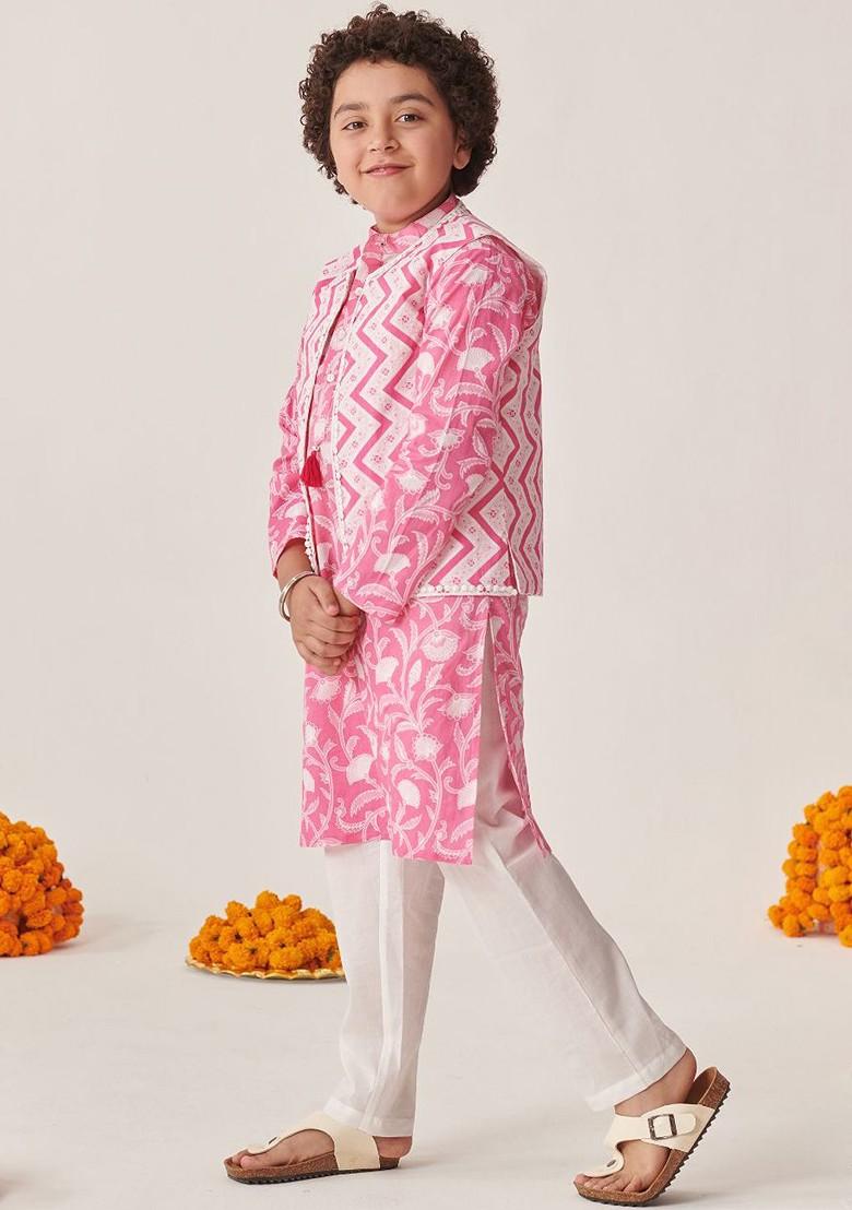 Pink Printed Poly Blend Kurta Set For Boy