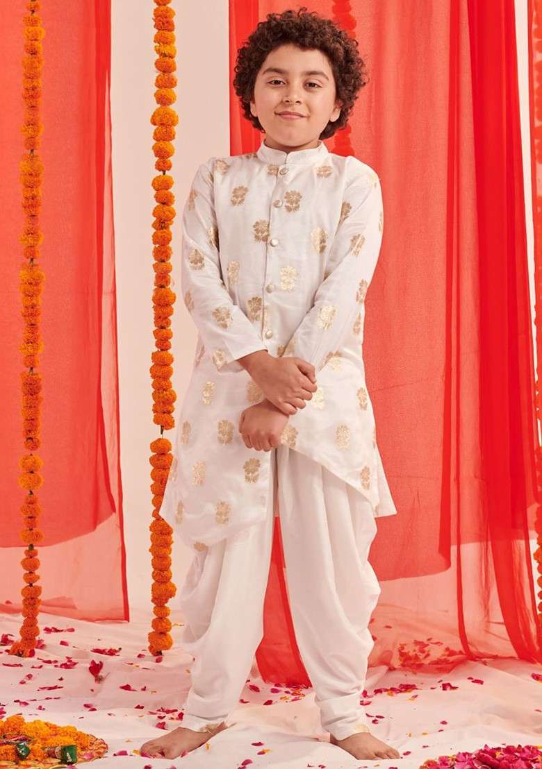 White Printed Poly Blend Kurta Set For Boy - Indya