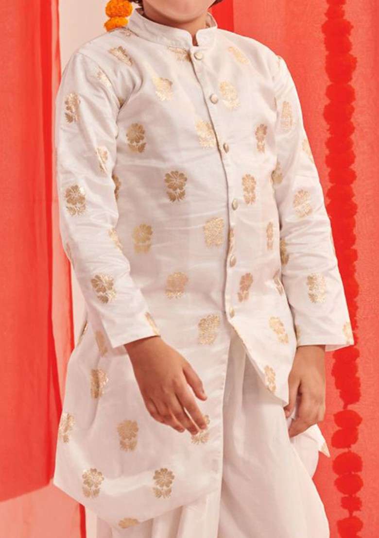 White Printed Poly Blend Kurta Set For Boy - Indya
