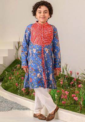 Blue Printed Poly Blend Kurta Set For Boy