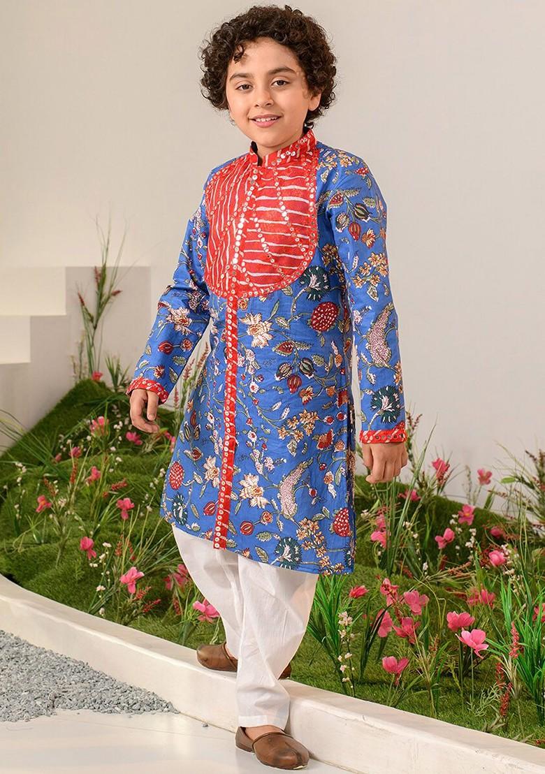 Blue Printed Poly Blend Kurta Set For Boy
