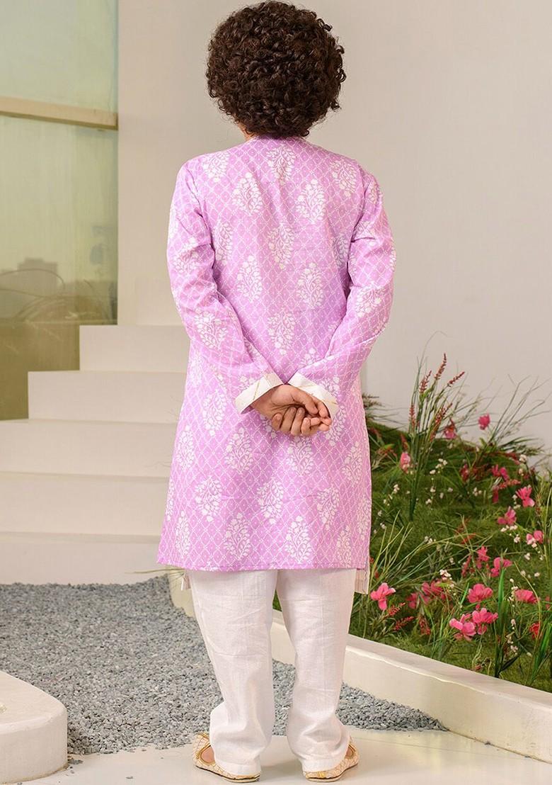 Purple Printed Poly Blend Kurta Set For Boy
