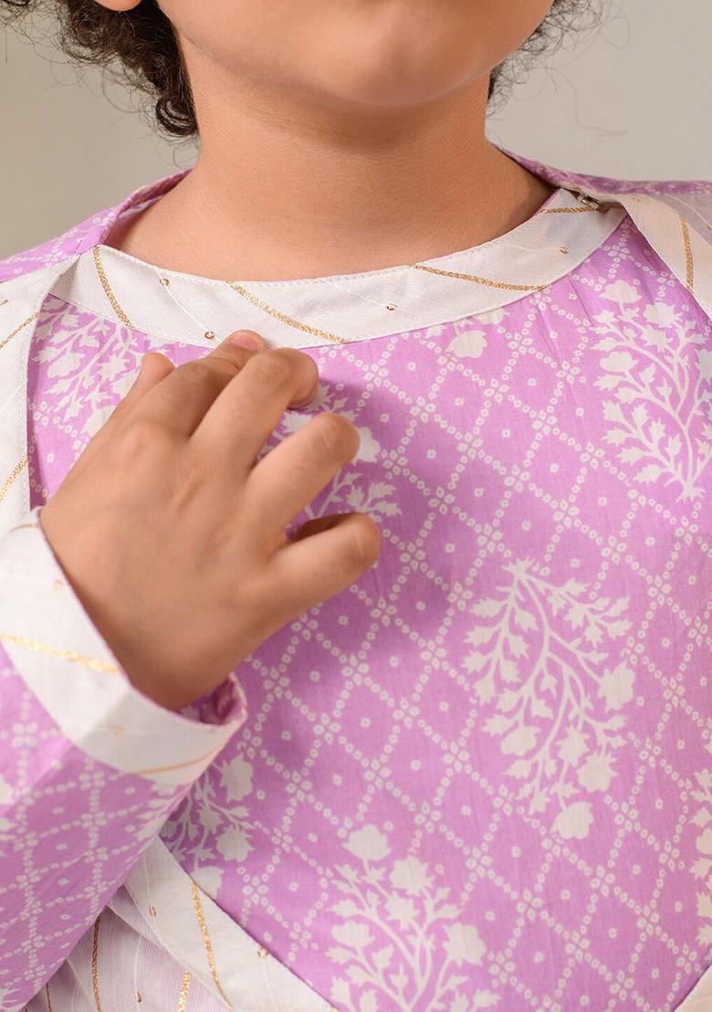 Purple Printed Poly Blend Kurta Set For Boy