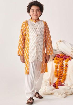 Orange Printed Poly Blend Kurta Set For Boy