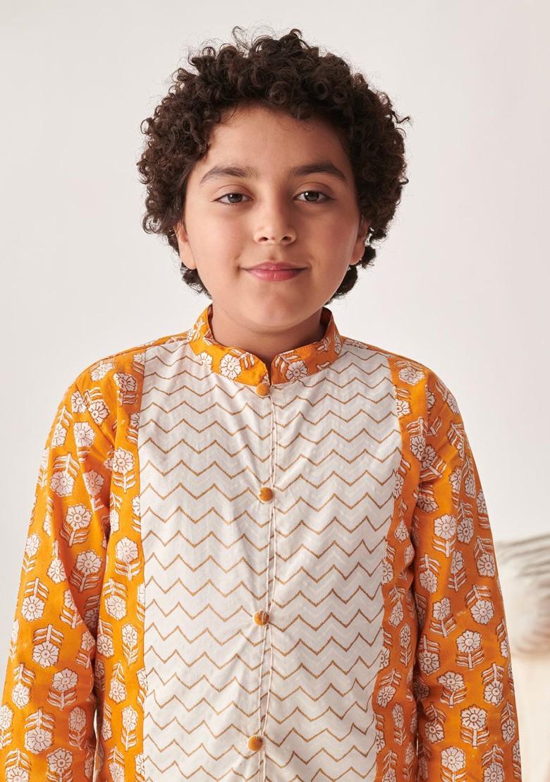 Orange Printed Poly Blend Kurta Set For Boy