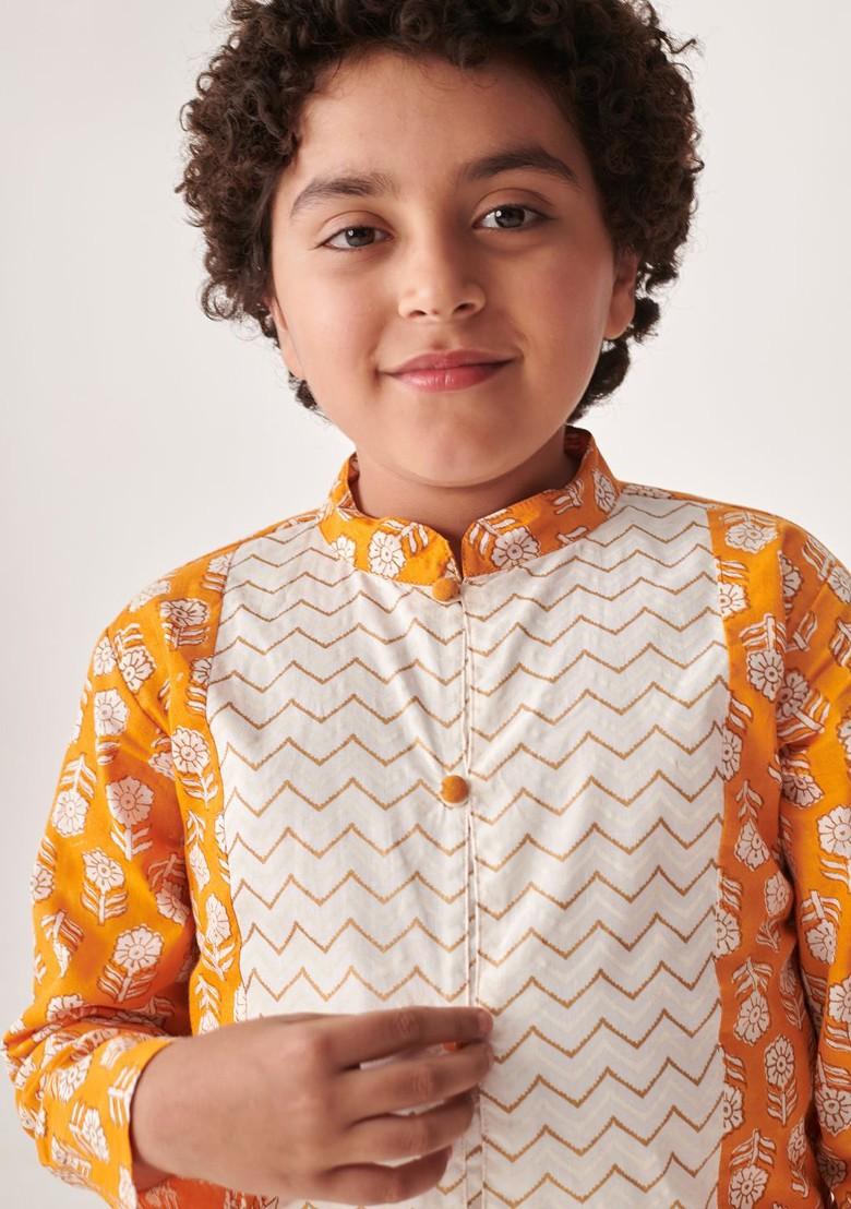 Orange Printed Poly Blend Kurta Set For Boy