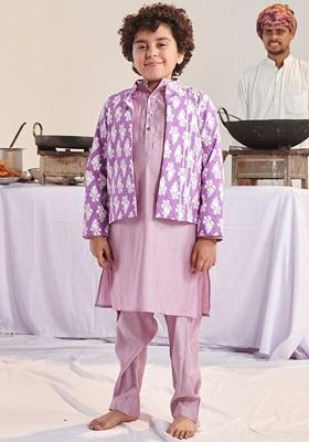 Purple Embroidered Poly Blend Kurta Set For Boy