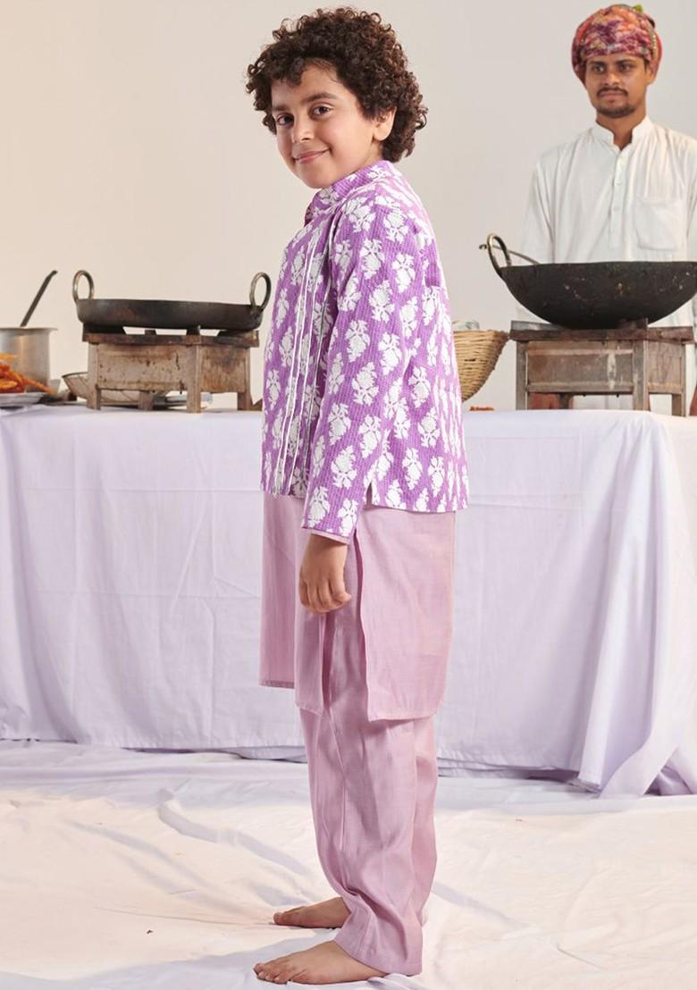 Purple Embroidered Poly Blend Kurta Set For Boy