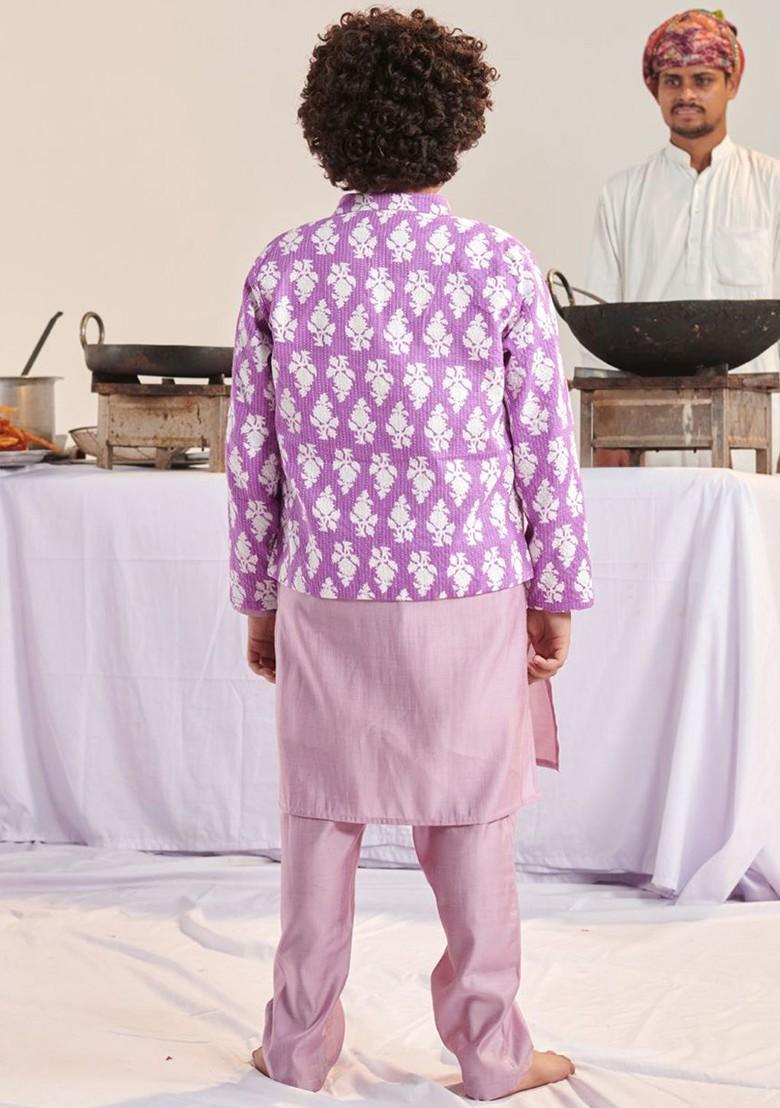 Purple Embroidered Poly Blend Kurta Set For Boy