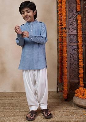 Blue Embroidered Poly Blend Kurta Set For Boy