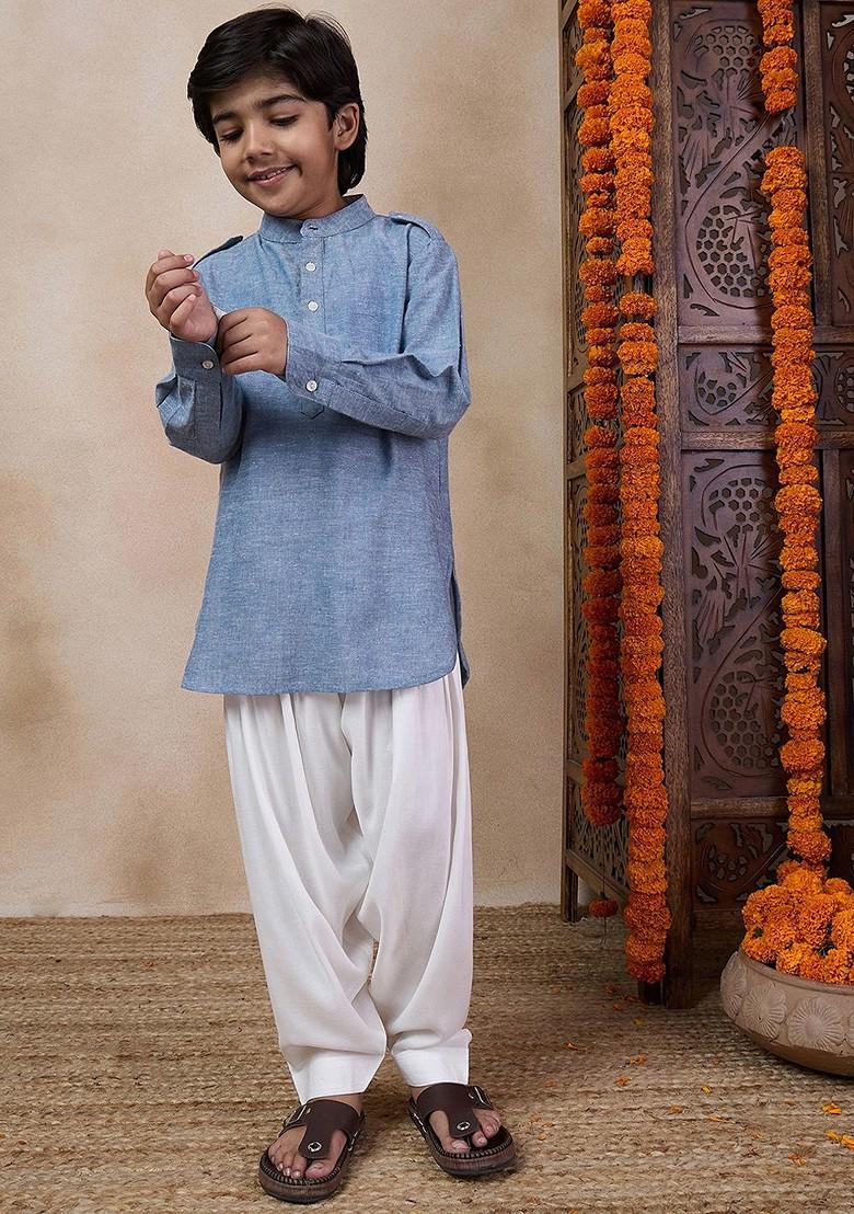 Blue Embroidered Poly Blend Kurta Set For Boy