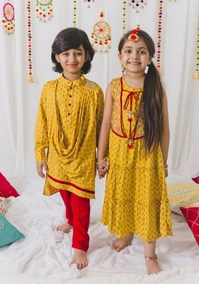 Mustard Yellow Embroidered Poly Blend Kurta Set For Boy