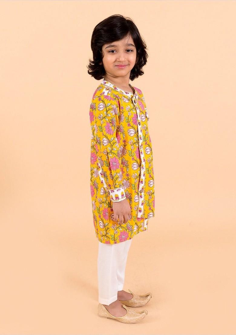 Yellow Printed Poly Blend Kurta Set For Boy