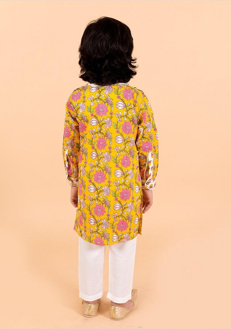 Yellow Printed Poly Blend Kurta Set For Boy