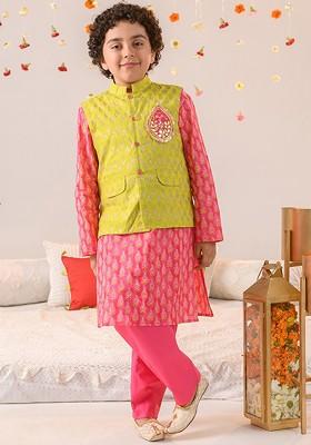 Green Printed Poly Blend Kurta Set For Boy
