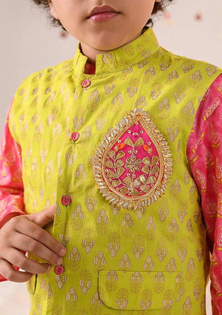 Green Printed Poly Blend Kurta Set For Boy