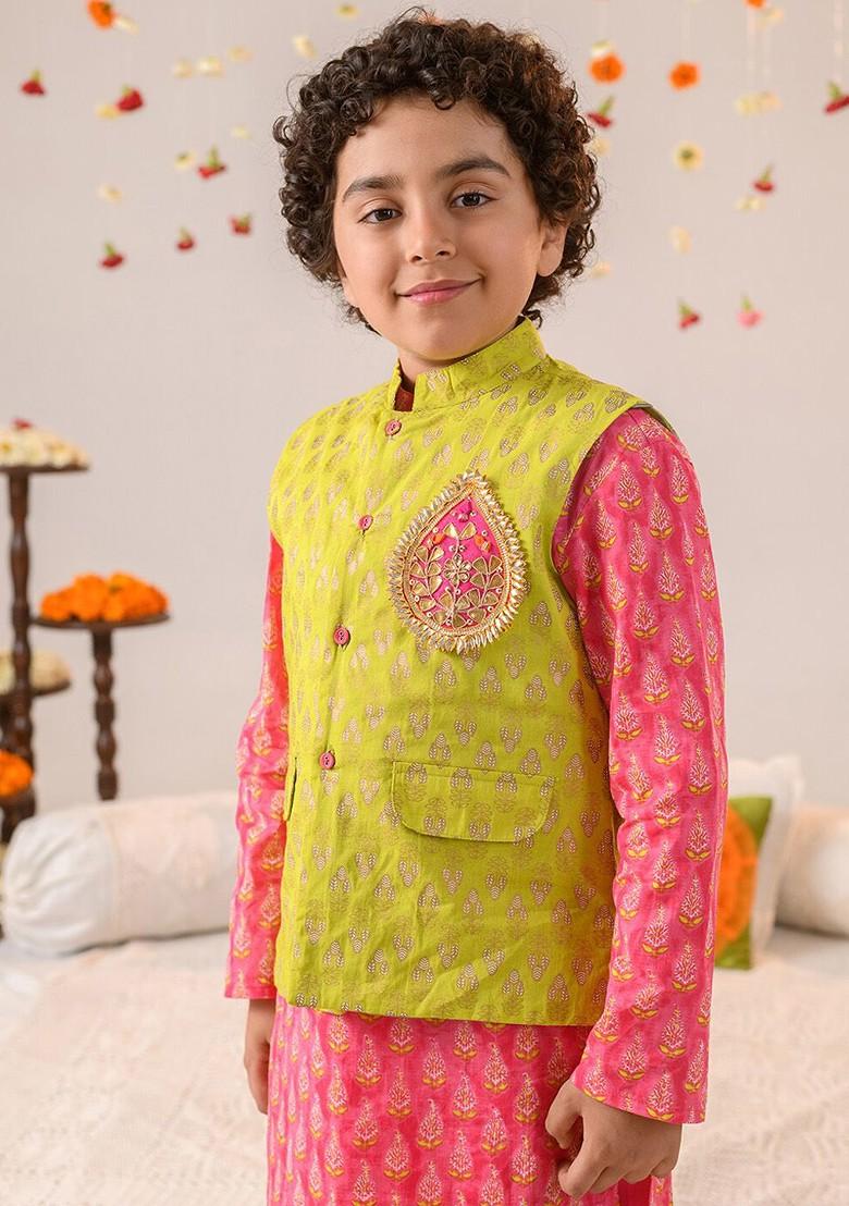 Green Printed Poly Blend Kurta Set For Boy