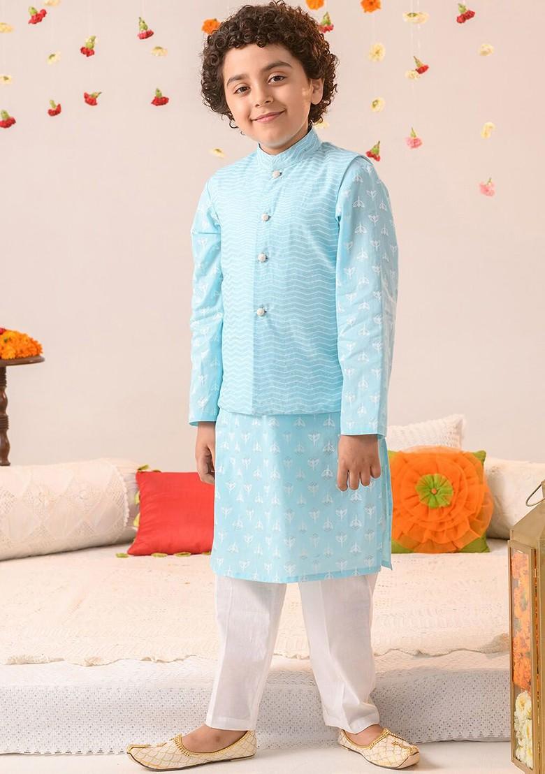 Blue Printed Poly Blend Kurta Set For Boy
