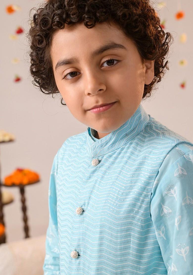 Blue Printed Poly Blend Kurta Set For Boy