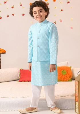Blue Embroidered Poly Blend Kurta Set For Boy