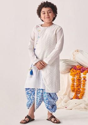 White Embroidered Poly Blend Kurta Set For Boy
