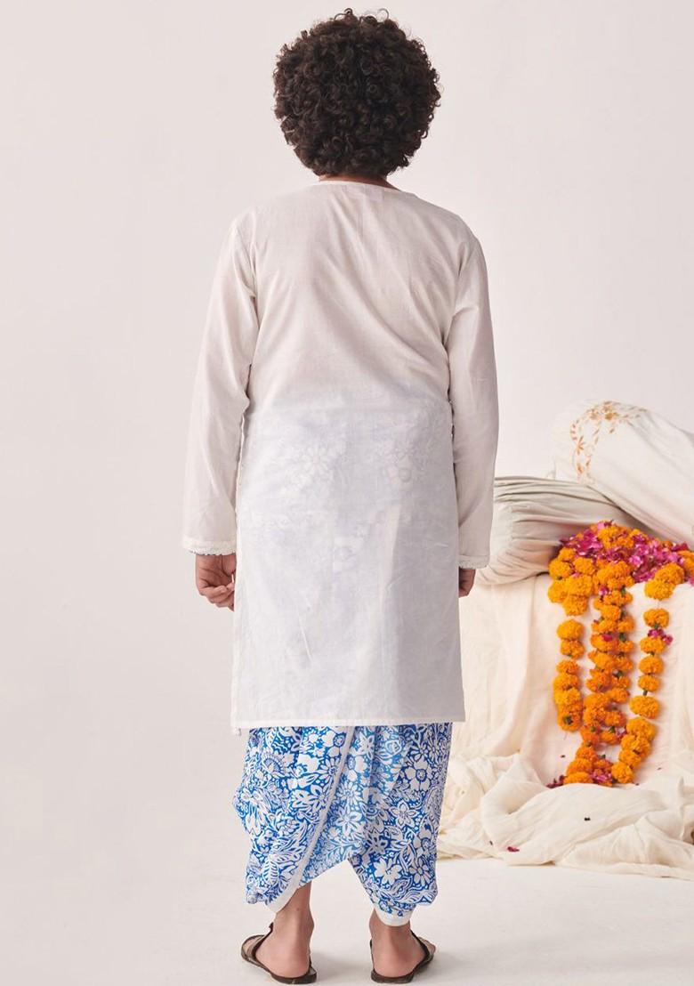 White Embroidered Poly Blend Kurta Set For Boy