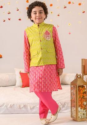 Green Printed Poly Blend Kurta Set For Boy