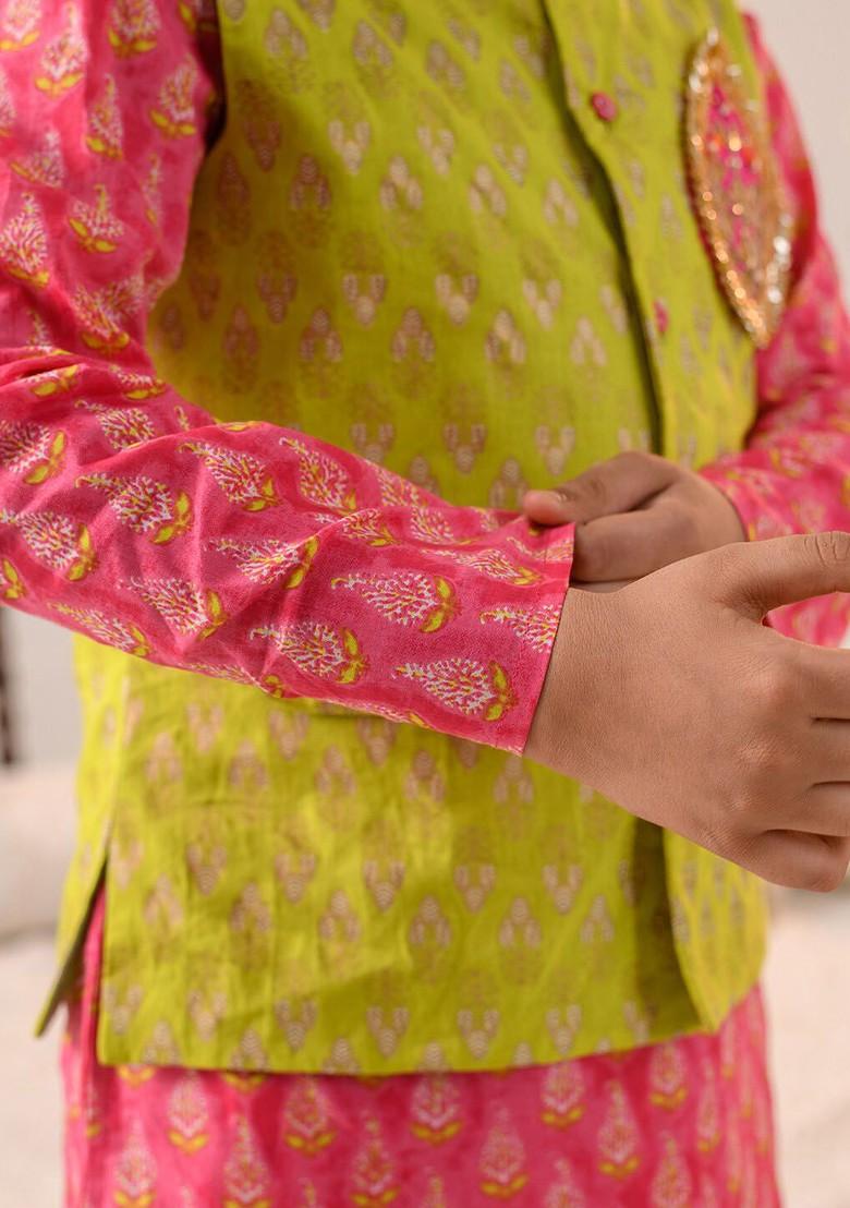 Green Printed Poly Blend Kurta Set For Boy