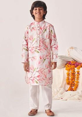 Pink Printed Poly Blend Kurta Set For Boy