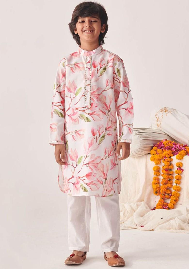 Pink Printed Poly Blend Kurta Set For Boy