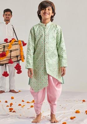 Green Embroidered Poly Blend Kurta Set For Boy