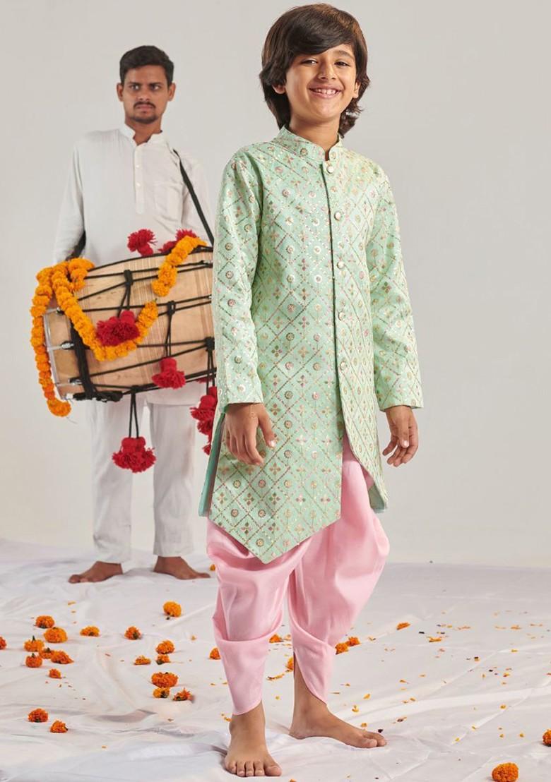 Green Embroidered Poly Blend Kurta Set For Boy