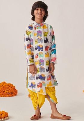 White Printed Poly Blend Kurta Set For Boy