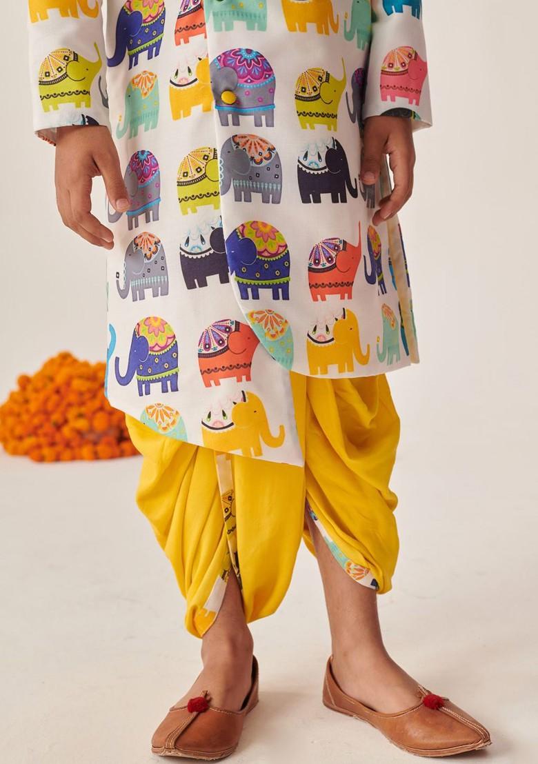 White Printed Poly Blend Kurta Set For Boy