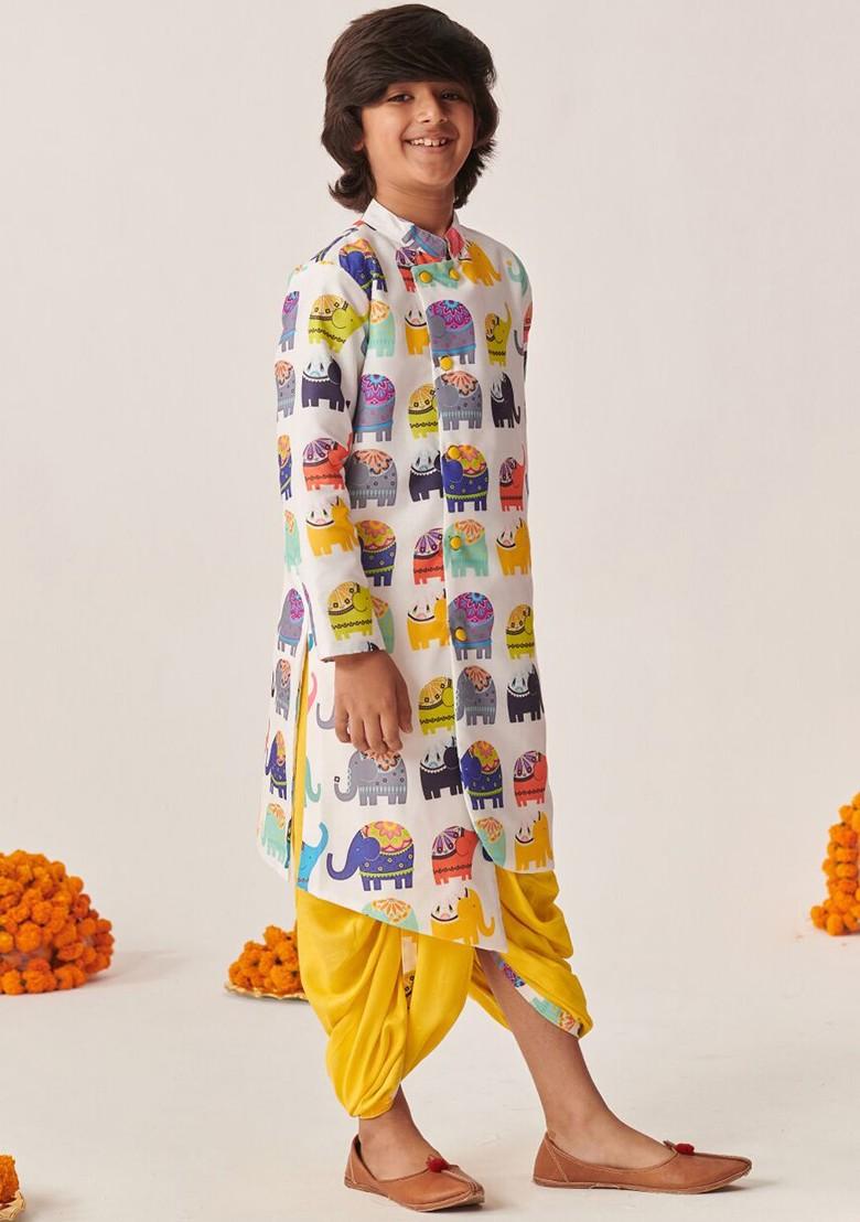 White Printed Poly Blend Kurta Set For Boy