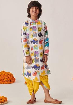 White Printed Poly Blend Kurta Set For Boy