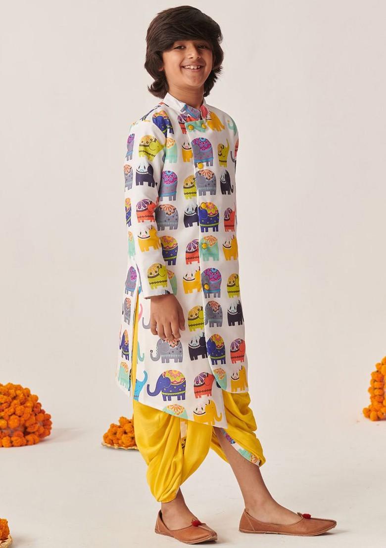 White Printed Poly Blend Kurta Set For Boy
