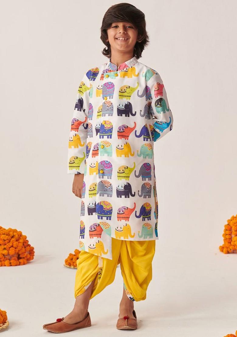 White Printed Poly Blend Kurta Set For Boy