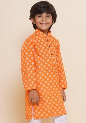 Orange Ethnic Motifs Printed Mandarin Collar Long Sleeves Pure Cotton Kurta For Boys